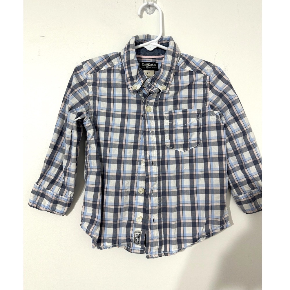 OshKosh Bgosh Boys 2T Plaid Button Down Shirt Blue Pink White Long Sleeve Top